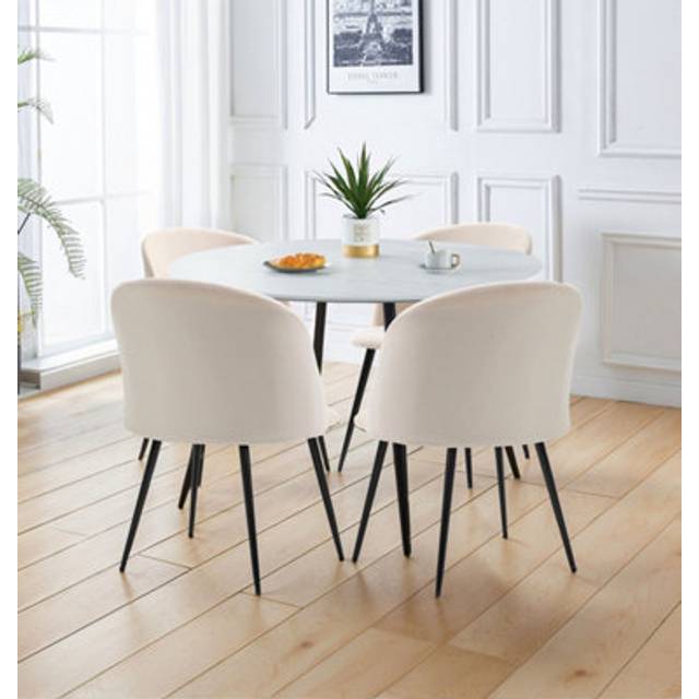 Hallowood Furniture Cullompton Large Round Dining Table and Chairs Set 4, White Marble Effect Top Dining Table 120cm and Curved-Back Beige Fabric