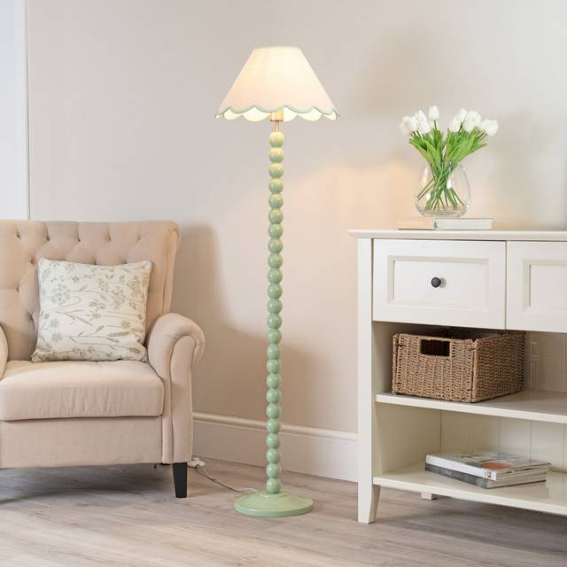 ValueLights Bobbins Sage Green Floor Lamp Linen Green Scallop Shade