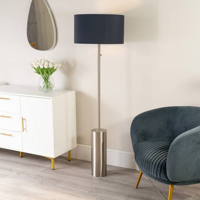 Lexy Brushed Chrome Rotary Dimmer Switch Floor Lamp with Navy Blue Drum Shade