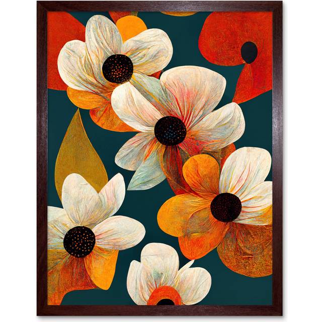 Wall Art Print Bold Colourful Daisies and Poppy Flowers Cobalt Orange Art Framed - Brown - W12 inch x H16 inch