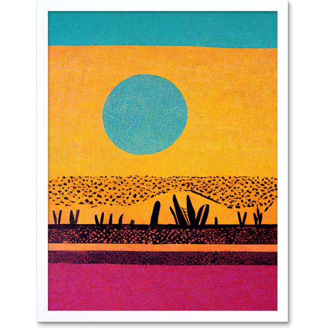 Wall Art Print Desert Roadside Oasis Modern Pop Art Surreal Landscape Art Framed - White - W12 inch x H16 inch