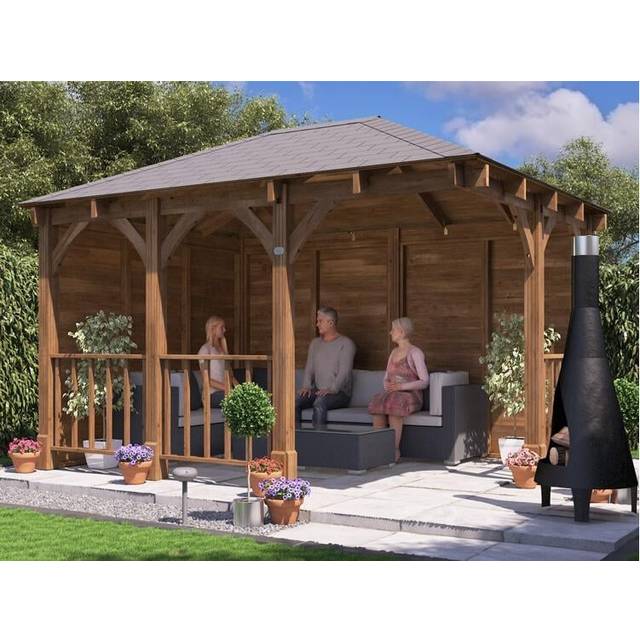 Dunster House Corner Gazebo 4M X 3M Garden Shelter Canopy Wooden Roof Shingles Leviathan, Brown