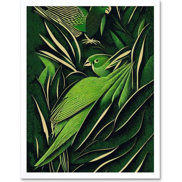 Wall Art Print Green Modern Vintage Retro Abstract Jungle Tropical Leaves Parrots Art Framed - White - W12 inch x H16 inch