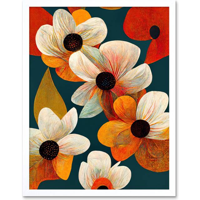 Wall Art Print Bold Colourful Daisies and Poppy Flowers Cobalt Orange Art Framed - White - W12 inch x H16 inch
