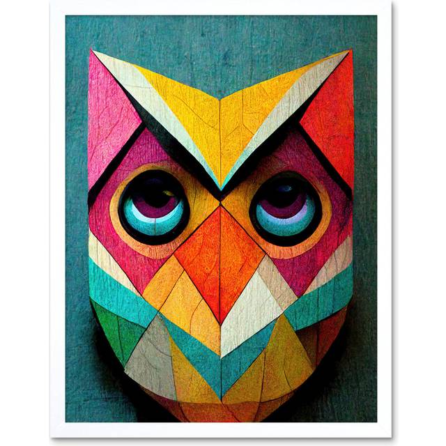 Wall Art Print Cute Colourful Multicoloured Bright Geometric Owl Bird Painting Art Framed - White - W12 inch x H16 inch