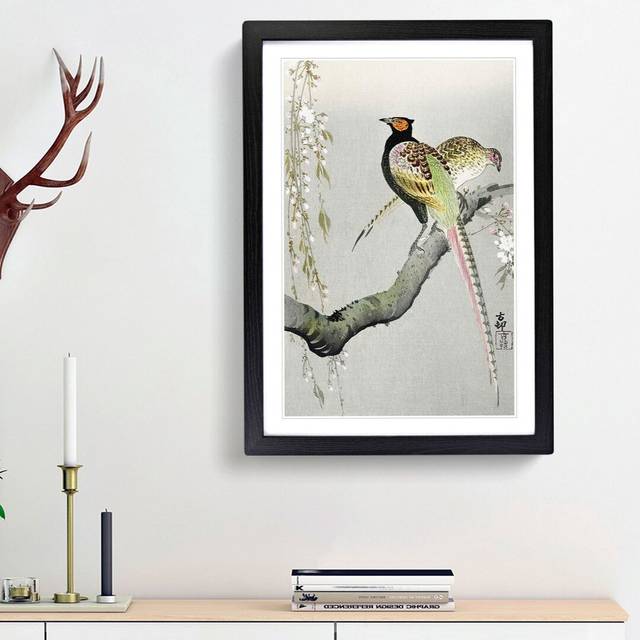 Pheasants & Cherry Blossom by Ohara Koson - Picture Frame Painting Print - Black Framed (48cm H x 36cm W x 2cm D)