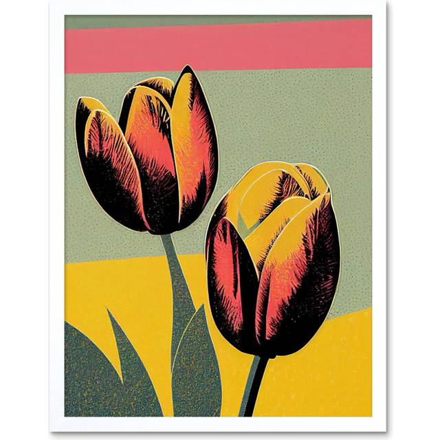 Bright Modern Silkscreen Tulip Blooms Stencil - Art Prints - White Framed Paper (25.9cm H x 20.6cm W)