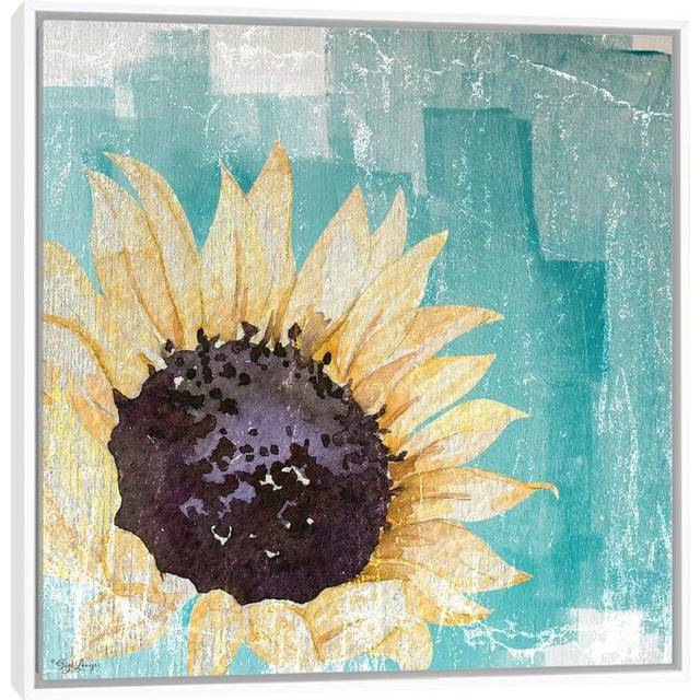 Sunflower Teal by Gigi Louise - Painting on Canvas - White Framed (45.72 cm H x 45.72 cm W)