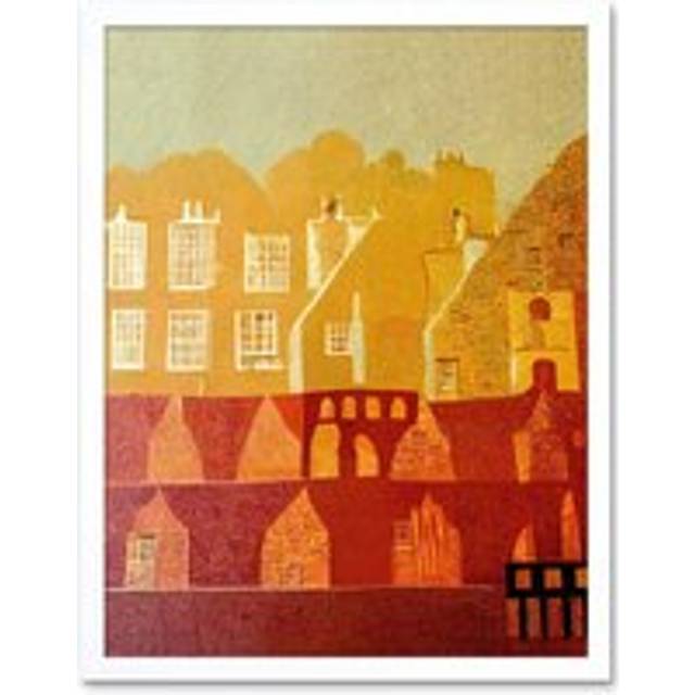 Wall Art Print Vintage Folk Art Mid Century Cityscape Abstract Art Framed - White - W12 inch x H16 inch