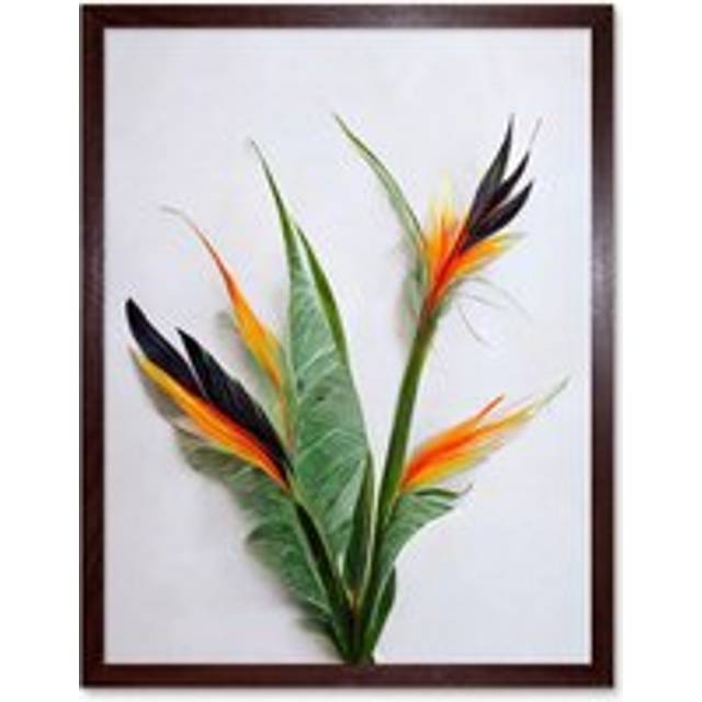 Wall Art Print Bird of Paradise Stem Leaves and Flowers Tropical Plant Botanical Art Framed - Brown - W12 inch x H16 inch