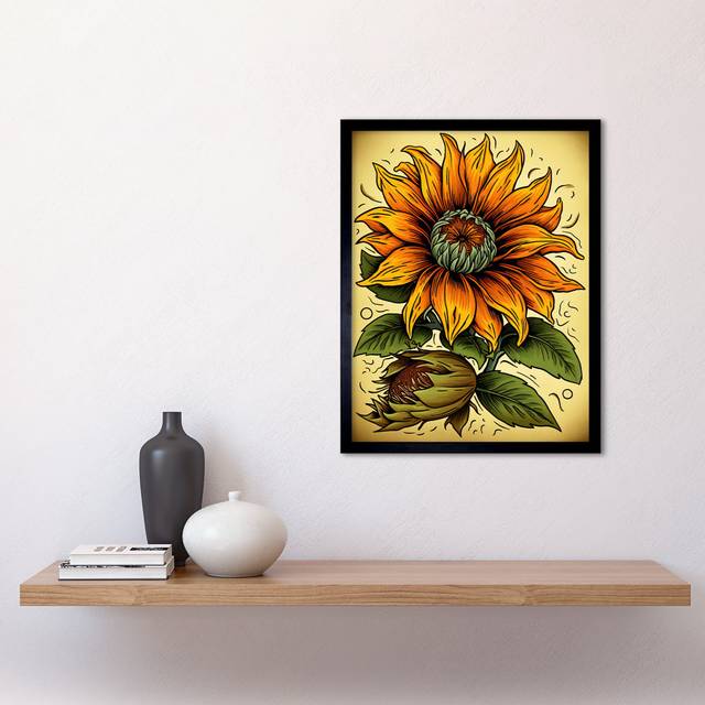 Grisella Sunflower Bloom Old School USA Tattoo Ink Body Art Americana 50s - Single Picture Frame Art Prints - Multicoloured (43.3cm H X 33.3cm W)