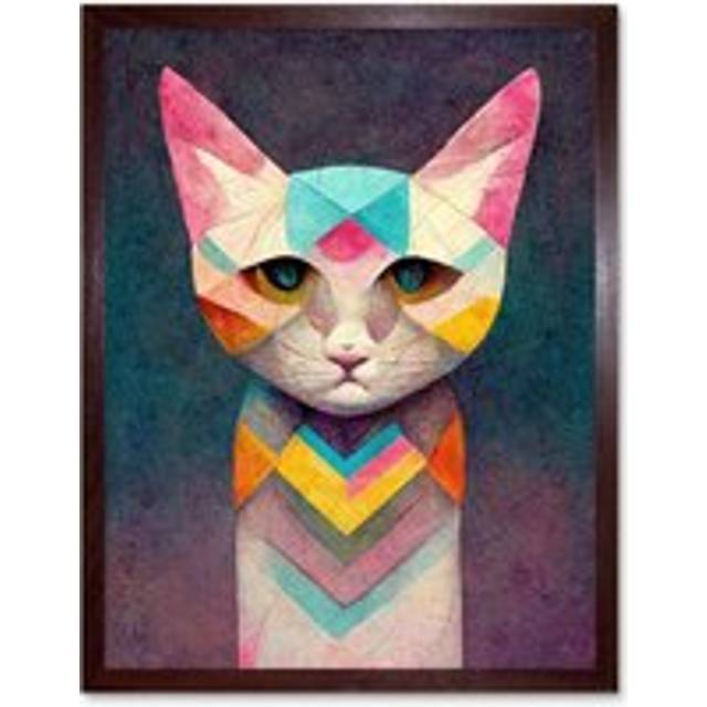 Wall Art Print Geometric Colourful Multicoloured Pastel Cat Painting Art Framed - Brown - W12 inch x H16 inch