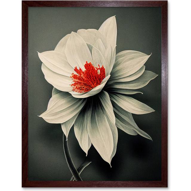 Wall Art Print Realistic Greyscale Macro Flower Floral Bloom with Orange Red Stamen Art Framed - Brown - W12 inch x H16 inch