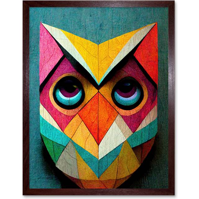 Wall Art Print Cute Colourful Multicoloured Bright Geometric Owl Bird Painting Art Framed - Brown - W12 inch x H16 inch