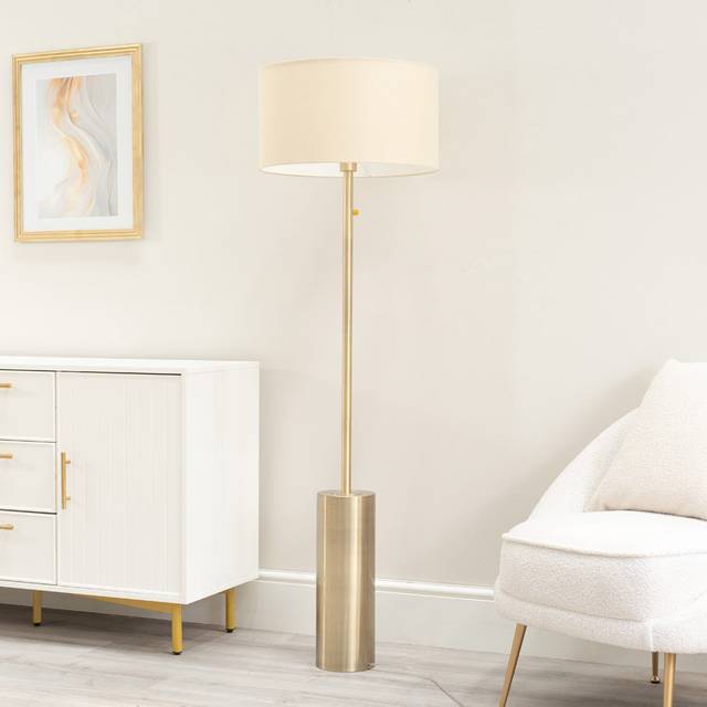 ValueLights Lexy Reni Natural Shade Antique Brass LED Floor Lamp - Gold - 150 x 45 x 45cm