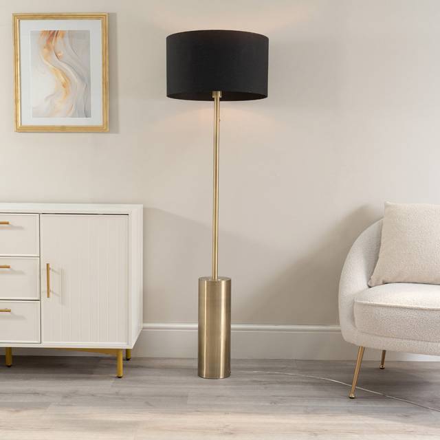 ValueLights Lexy Reni Black Drum Shade Antique Brass LED Floor Lamp - Gold - 150 x 45 x 45cm