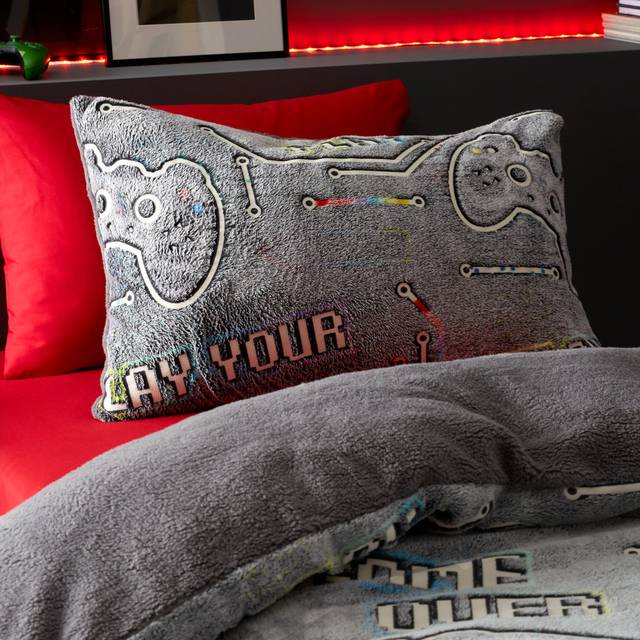 Game Over Glow in the Dark Fleece Duvet Cover Set - Black (Double Duvet Cover + 2 Standard Pillowcases)