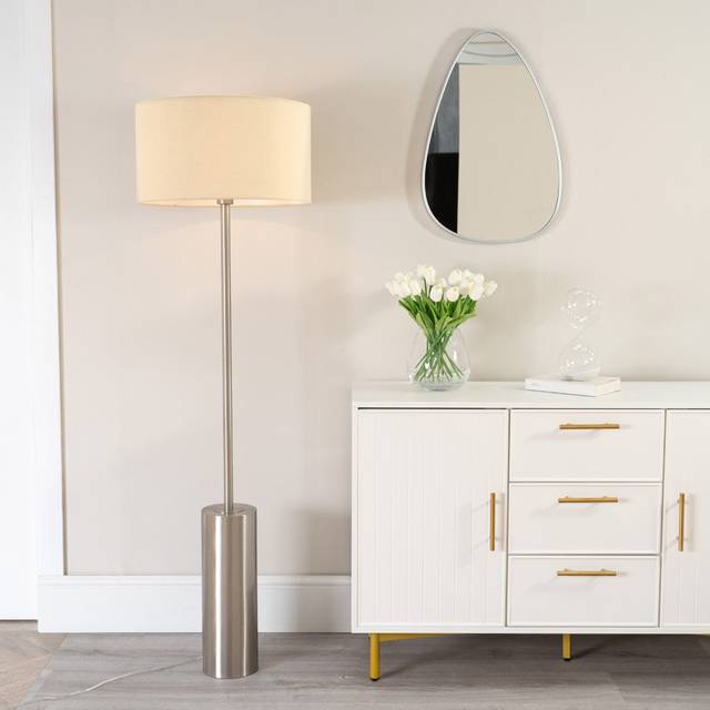 Lexy Fabric Drum Shade with Brushed Chrome Dimmable Floor Lamp with LED Bulb - Nude - One Size