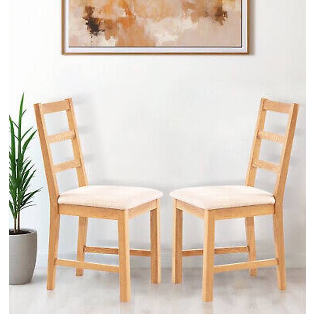 Hallowood Furniture - Oak Dining Chairs Set of 2 with Natural Beige Linen Fabric Seat Pad, Modern & Stylish Ladder Back Solid Oak Wooden Small