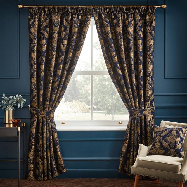 Paoletti Shiraz Jacquard Pencil Pleat Curtains, Blue