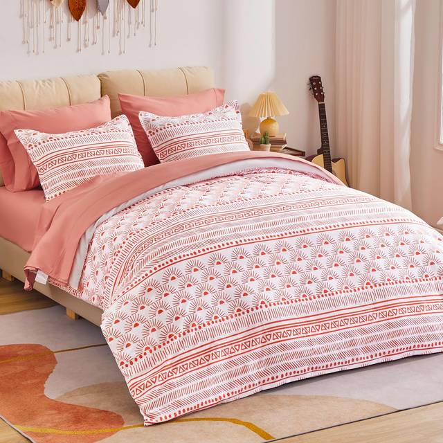 SLEEP ZONE Terracotta Boho Printed Duvet Cover Queen Size with Zipper Closure & 8 Corner Ties  Soft Breathable All Seasons Comforter Cover Set 3 Piece