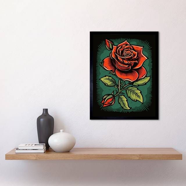 Ellefsen Old School USA Tattoo Ink Body Art Blooming Rose Americana 50s - Single Picture Frame Art Prints - Multicoloured (43.3cm H X 33.3cm W)