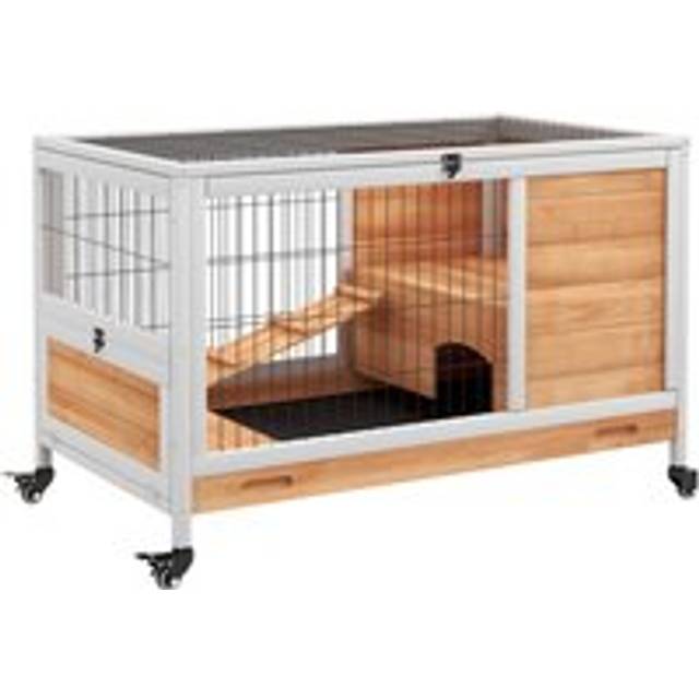 PawHut Wooden Guinea Pig Hutch 2-Floor Design w/ Wheels, Yellow