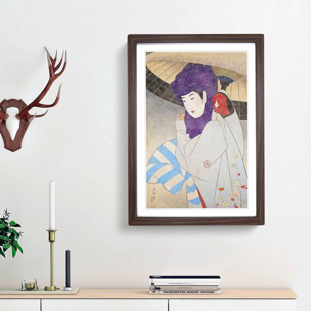 A Lady with a Parasol by Ito Shinsui - Picture Frame Painting Print on Paper - Walnut Framed (63cm H x 45cm W x 2cm D)