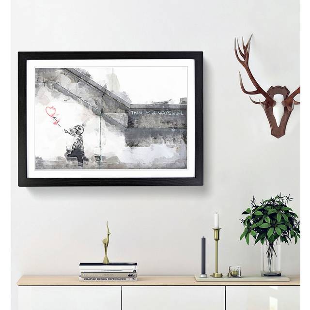 Girl with a Red Balloon by Banksy - Picture Frame Graphic Art Print on MDF - Black Framed (48cm H x 65cm W x 2cm D)