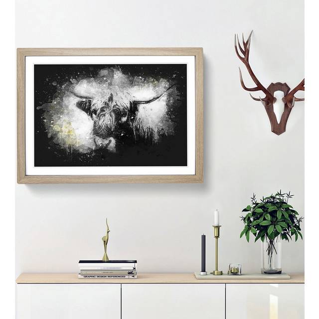 Paint Splattered Highland Cow Paint Splash - Picture Frame Graphic Art Print - Oak Framed (33cm H x 45cm W x 2cm D)