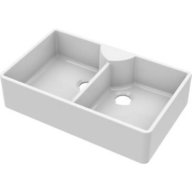 895mm - 2 Bowl Stepped Weir Butler Kitchen Sink -  Tap Ledge, No Overflow, Tap Hole