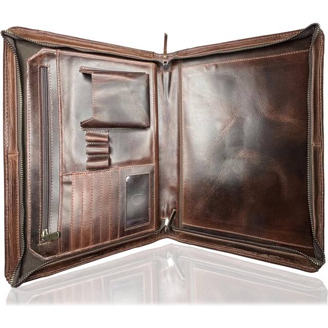Leather Document Holder A4 Portfolio Conference Folder - Zipper Padfolio Organiser - Travel Business Certificate Folder with Pen & Card Slots for Men