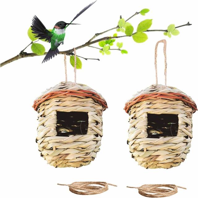 Birdhouse For Outside Hanging Humming Bird House Hummingbird Nesting Houses For Outdoors With Rope 2 Pack (Hut Shape)