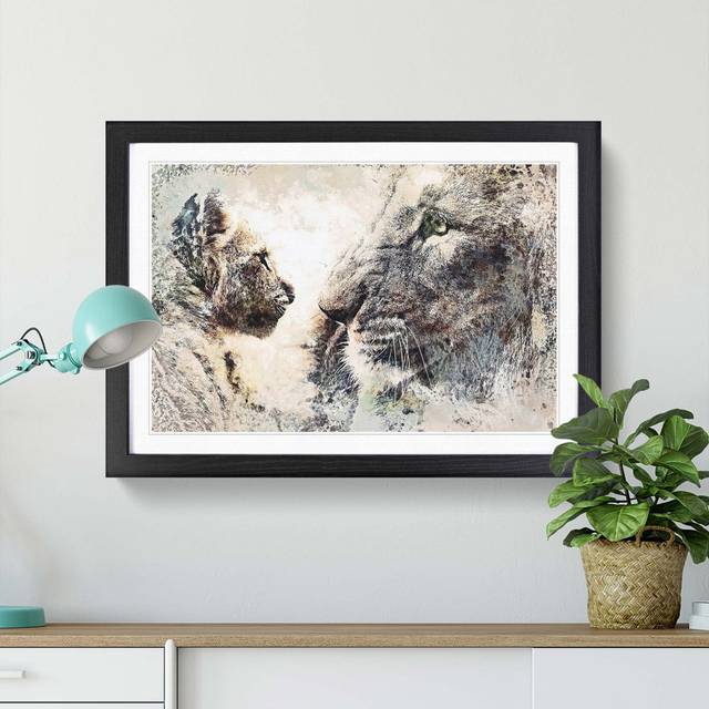 Lion Cub with Its Mother in Abstract - Picture Frame Painting Print - Black Framed (48cm H x 65cm W x 2cm D)