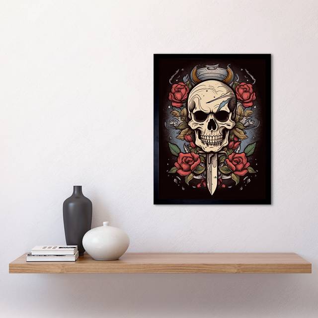 Jesiah Skull Dagger And Roses Tattoo Ink Body Art Americana 50s - Single Picture Frame Art Prints - Multicoloured (43.3cm H X 33.3cm W)