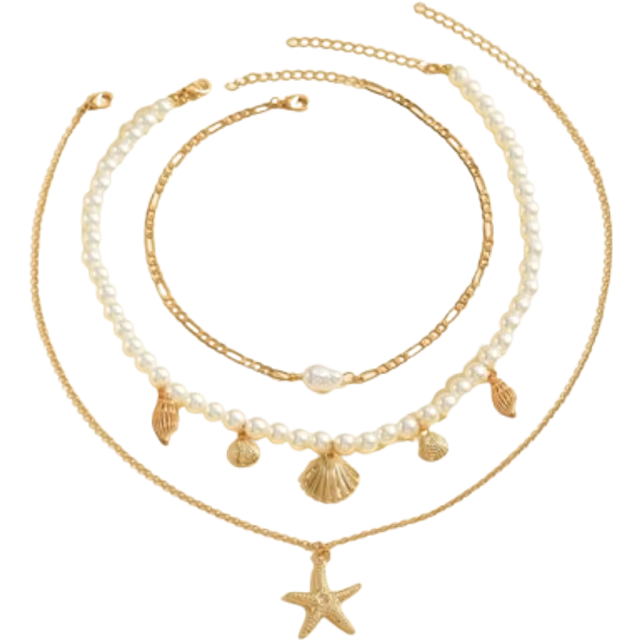 SHEIN 3pcs/Set Faux Pearl, Tassel, Metal Chain, Necklace Set - Ocean, Starfish, Beach Inspired Multilayer Design For Women, Suitable For Daily Wear