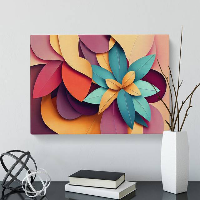 Attractive Abstract Flowers - Wrapped Canvas Graphic Art - Blue;Yellow;Purple (35cm H x 50cm W x 3cm D)