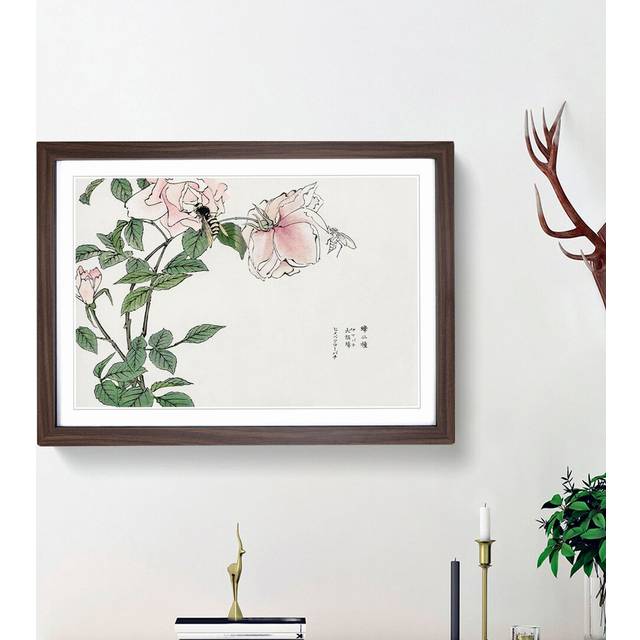 Bee upon a Pink Flower by Morimoto Toko - Picture Frame Painting Print on Paper - Walnut Framed (45cm H x 63cm W x 2cm D)