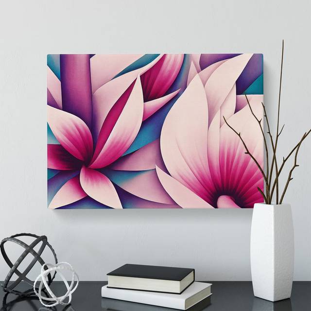 Quirky Modern Flowers Abstract - Wrapped Canvas Graphic Art - Blue;White;Pink (40cm H x 60cm W x 3cm D)