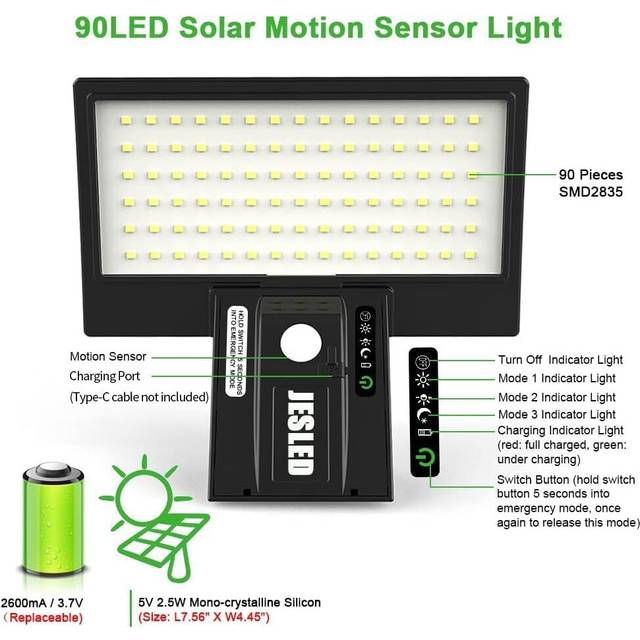 JESLED Solar Powered Lights Outdoor/Outside for Garden Fence Door Yard Pathway, 90 LED Solar Motion Sensor Securit
