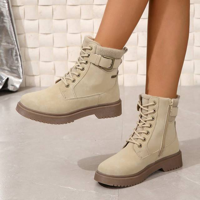SHEIN 2024 Winter New Boots, Warmly Padded Women Boots, Fashion Casual Women Shoes, Leather Ankle Boots, Black & White Short Boots, Lace-Up & Side Zipper Wo