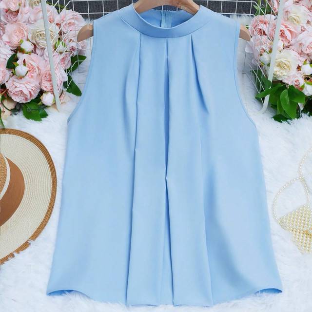 Rafferiza Back To School Casual Loose Sleeveless Stand Collar Ruched Light Blue Cute Young Women Tank Top, Spring/Summer