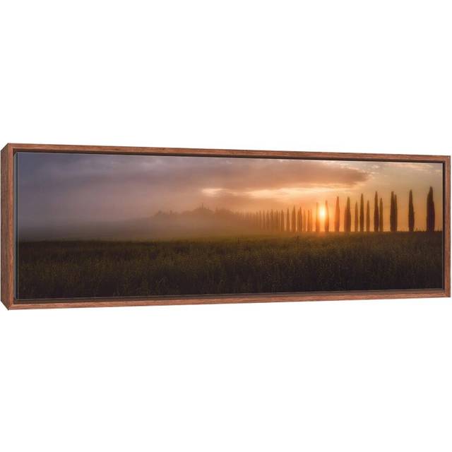 Tuscany Sunrising by Javier de la Torre - Floater Frame Panoramic Photograph on Canvas - Brown Framed (40.64cm H x 121.92cm W x 3.81cm D)