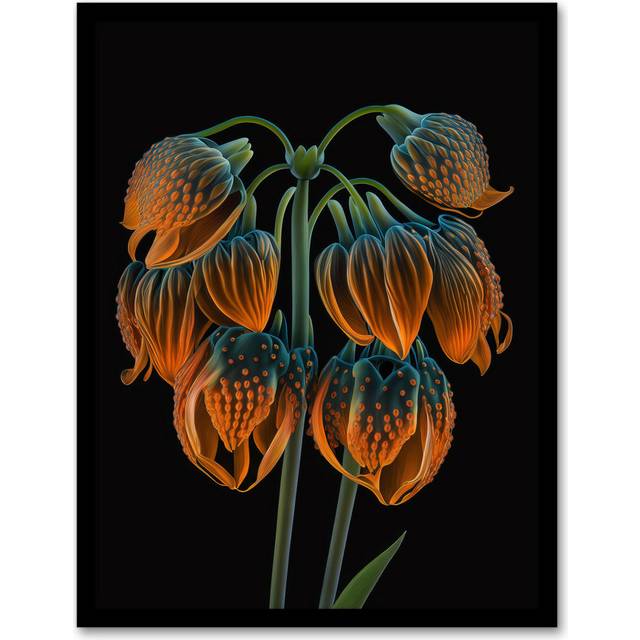 Botanical Blooms Orange Blue Green Flowers Haeckel Style - Single Picture Frame Art Prints (43.3cm H X 33.3cm W)