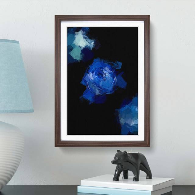 Trio of Blue Roses in Abstract - Picture Frame Graphic Art Print - Walnut (60cm H x 40cm W x 2cm D)
