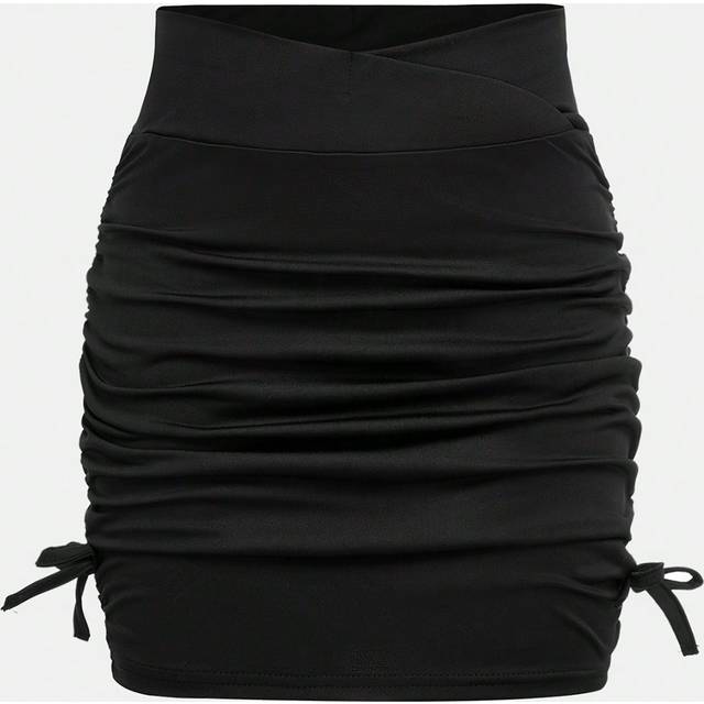 SHEIN Tween Girls Asymmetrical Waistline Ruched Drawstring Black Mini Skirt