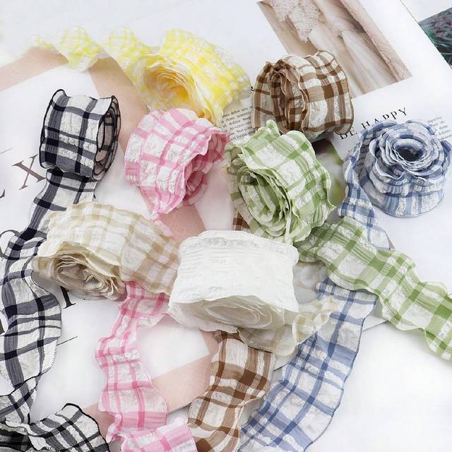 SHEIN 1pc Ruffle Plaid Ribbon, Posh Checkered Satin Ribbon, Floral Bouquet Tulle Ribbon, Decoration Ribbon Bow Mother&#39;s Day Graduation