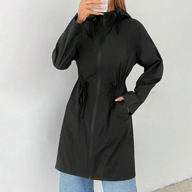 SHEIN Black Woven Women Hooded Trench Coat