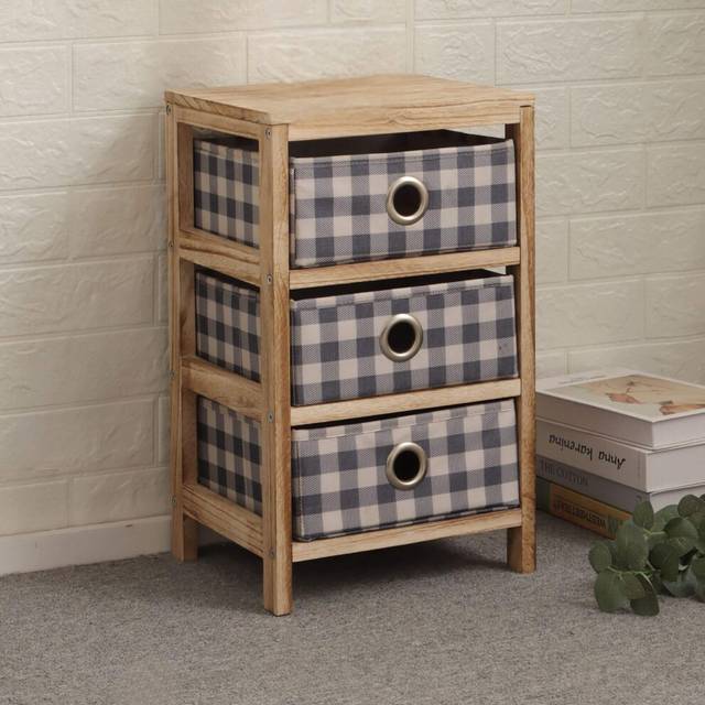 (Checked - 3 Drawer) Wooden Storage Chest 3/4/5 Drawers Plaid Fabric Bedroom Storage
