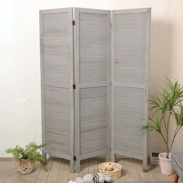 Wooden Room Divider Distressed Grey Slat Privacy Screen Fully Assembled
